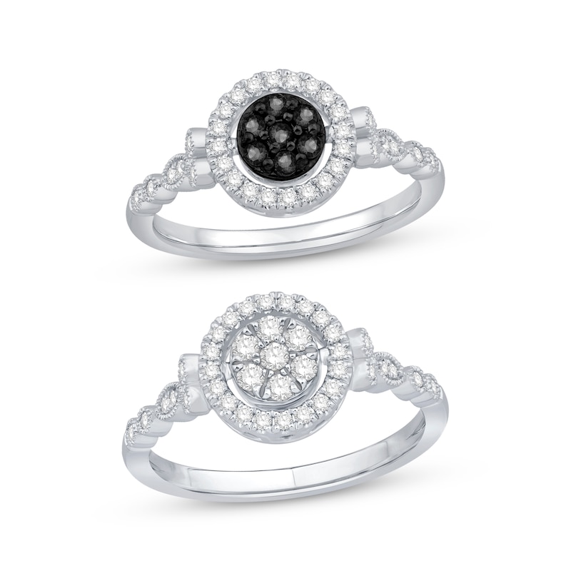 Main Image 1 of Black & White Multi-Diamond Center Circle Convertible Ring 3/8 ct tw Round-cut 10K White Gold