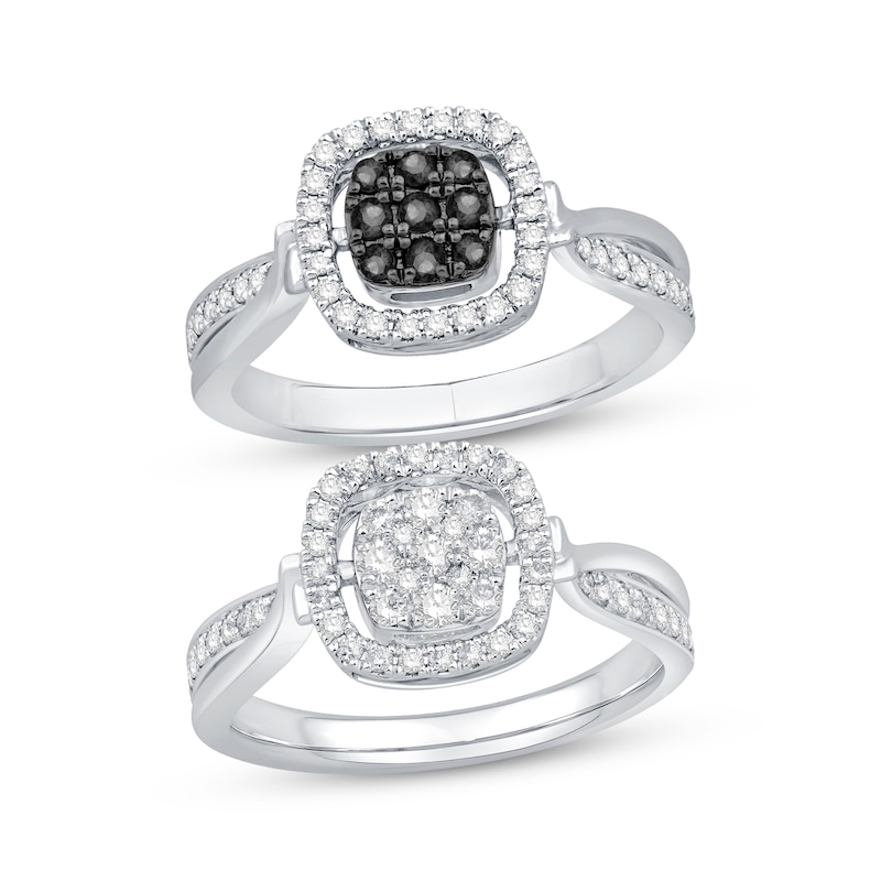 Black & White Multi-Diamond Center Cushion Convertible Ring 3/8 ct tw Round-cut 10K White Gold