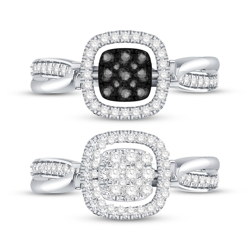 Black & White Multi-Diamond Center Cushion Convertible Ring 3/8 ct tw Round-cut 10K White Gold