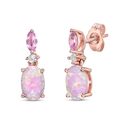 Pink Lab-Created Opal, Pink & White Lab-Created Sapphire Dangle Earrings 10K Rose Gold
