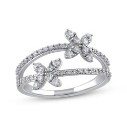 Diamond Flower Split Shank Ring 1/2 ct tw Round-cut 10K White Gold