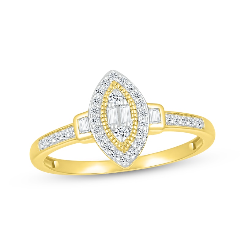Main Image 1 of Round & Baguette-Cut Multi-Diamond Marquise Promise Ring 1/5 ct tw 10K Yellow Gold