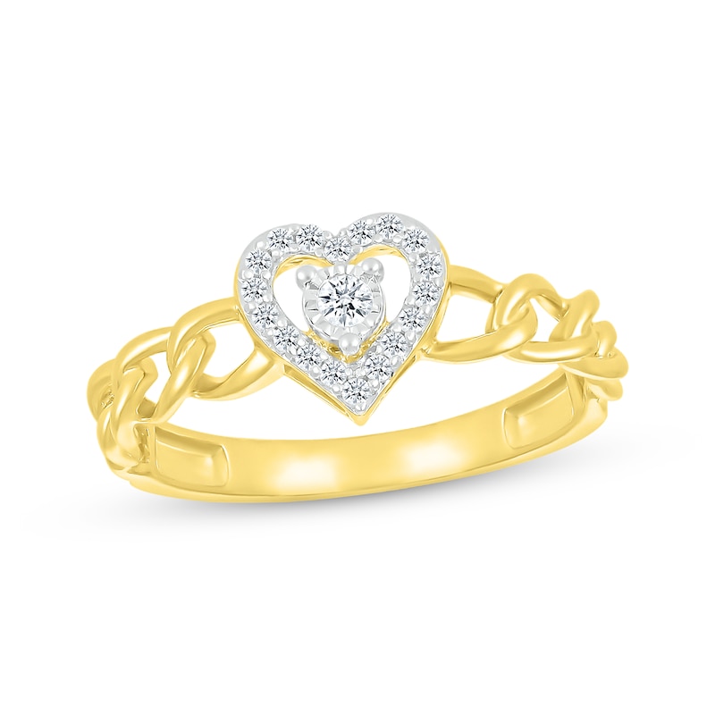 Main Image 1 of Round-Cut Diamond Heart Halo Chain Link Promise Ring 1/8 ct tw 10K Yellow Gold