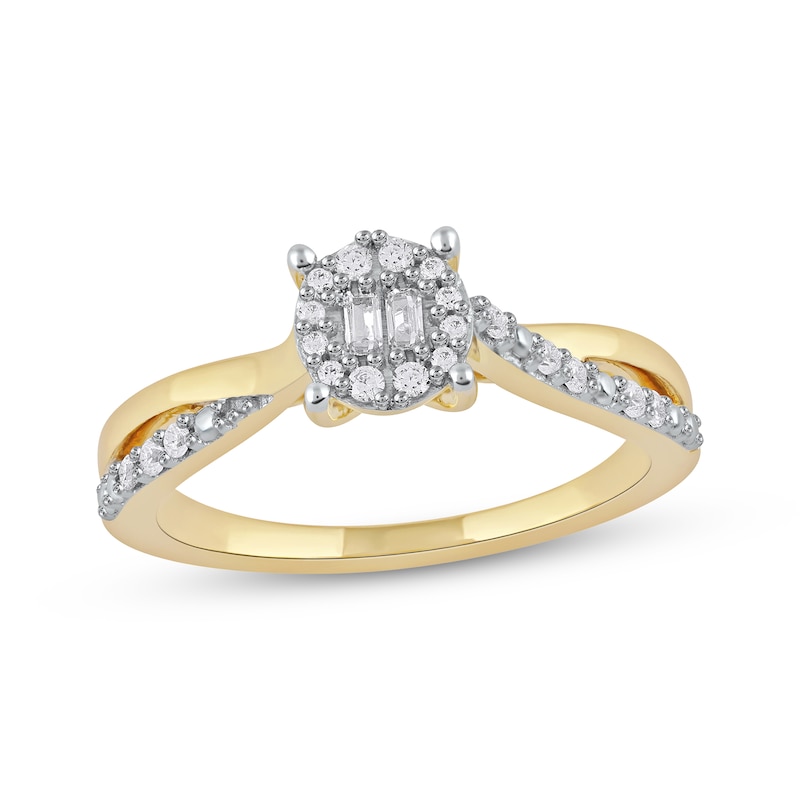 Main Image 1 of Round & Baguette-Cut Diamond Halo Promise Ring 1/5 ct tw 10K Yellow Gold