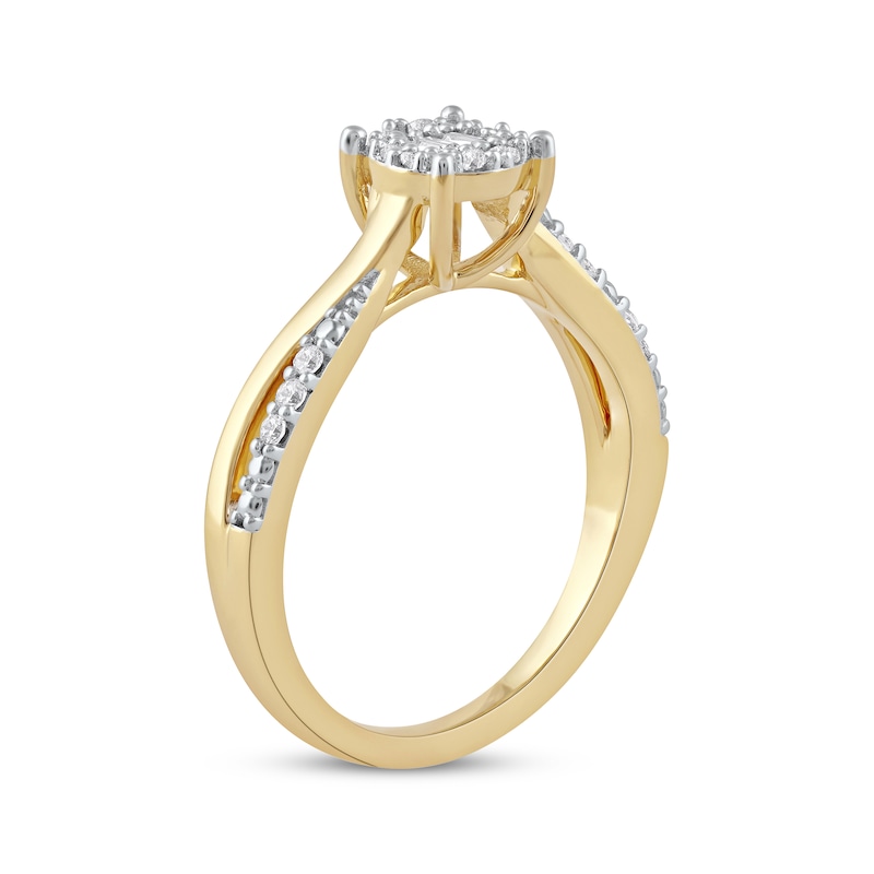 Main Image 2 of Round & Baguette-Cut Diamond Halo Promise Ring 1/5 ct tw 10K Yellow Gold