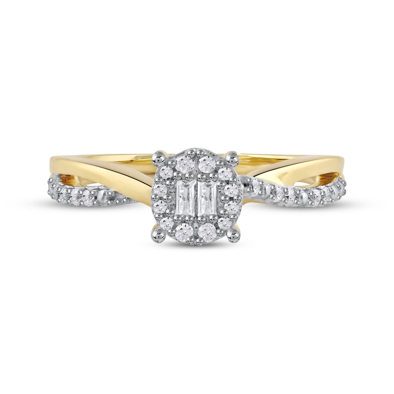 Main Image 3 of Round & Baguette-Cut Diamond Halo Promise Ring 1/5 ct tw 10K Yellow Gold