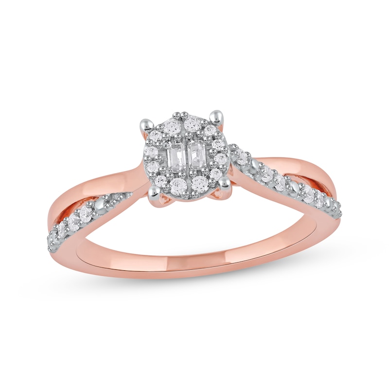 Main Image 1 of Round & Baguette-Cut Diamond Halo Promise Ring 1/5 ct tw 10K Rose Gold