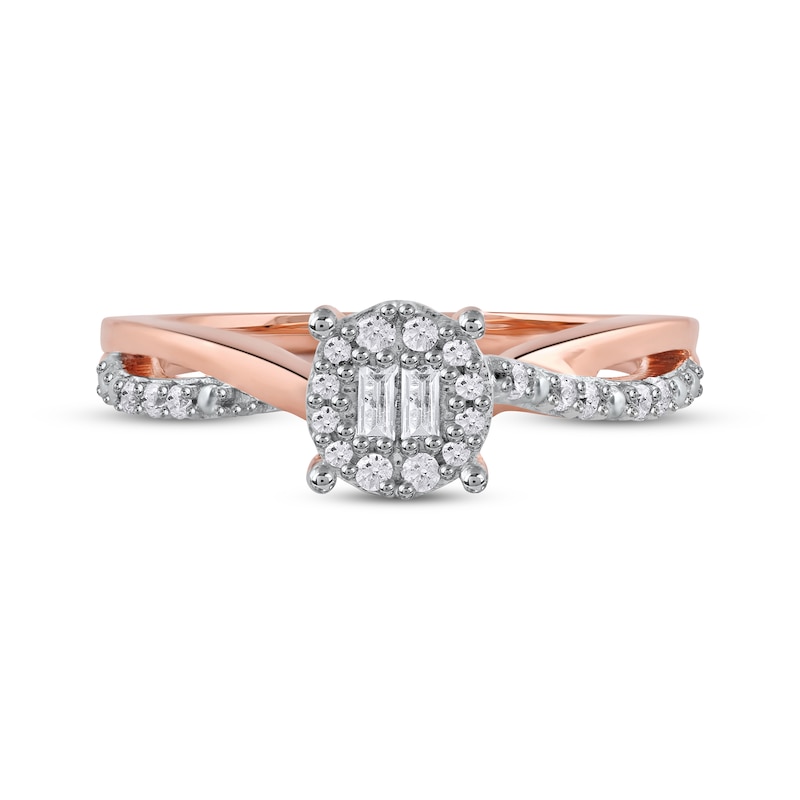 Main Image 3 of Round & Baguette-Cut Diamond Halo Promise Ring 1/5 ct tw 10K Rose Gold