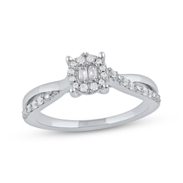 Baguette & Round-Cut Multi-Diamond Halo Promise Ring 1/5 ct tw 10K White Gold