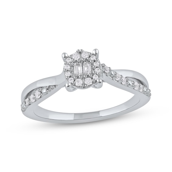 Baguette & Round-Cut Multi-Diamond Halo Promise Ring 1/5 ct tw 10K White Gold