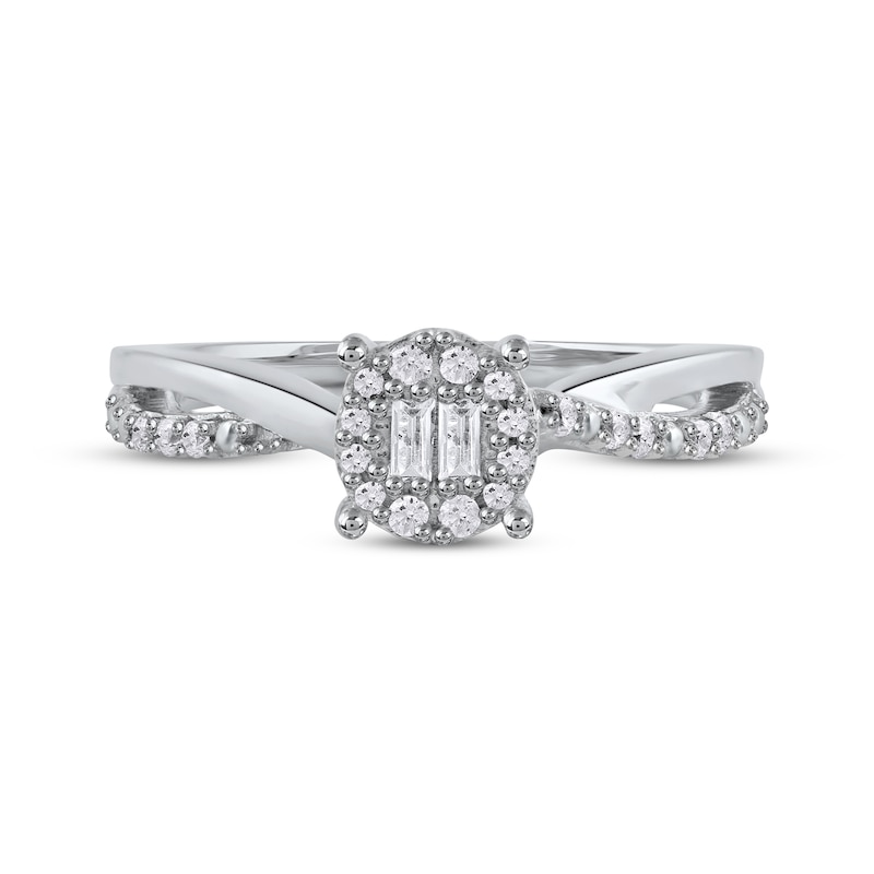 Main Image 3 of Baguette & Round-Cut Multi-Diamond Halo Promise Ring 1/5 ct tw 10K White Gold