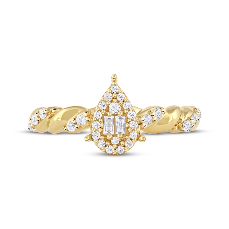 Baguette & Round-Cut Multi-Diamond Center Pear Promise Ring 1/4 ct tw 10K Yellow Gold