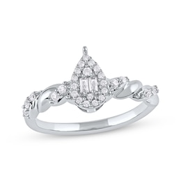 Baguette & Round-Cut Multi-Diamond Teardrop Halo Promise Ring 1/4 ct tw 10K White Gold