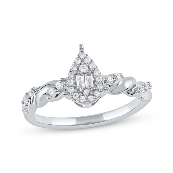 Baguette & Round-Cut Multi-Diamond Teardrop Halo Promise Ring 1/4 ct tw 10K White Gold