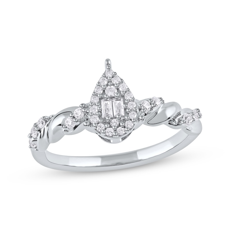 Main Image 1 of Baguette & Round-Cut Multi-Diamond Teardrop Halo Promise Ring 1/4 ct tw 10K White Gold