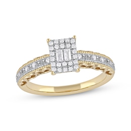 Baguette & Round-Cut Multi-Diamond Rectangle Halo Promise Ring 1/4 ct tw 10K Yellow Gold