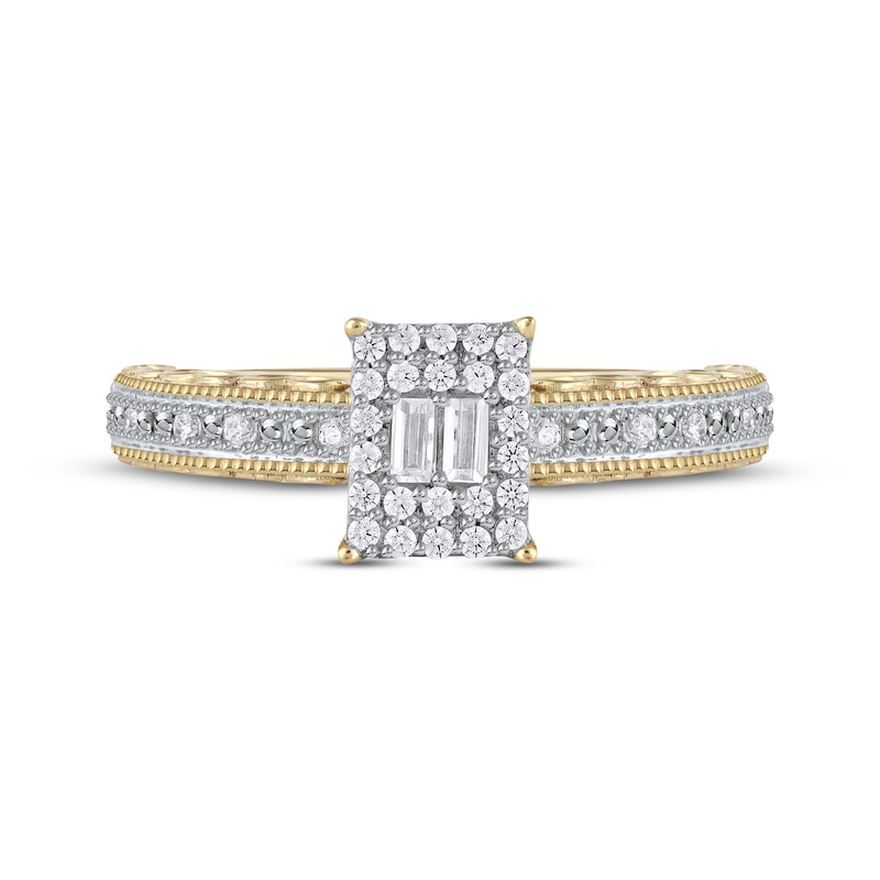 Main Image 3 of Baguette & Round-Cut Multi-Diamond Rectangle Halo Promise Ring 1/4 ct tw 10K Yellow Gold