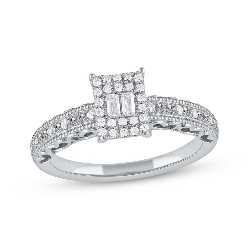 Baguette & Round-Cut Multi-Diamond Center Rectangle Frame Promise Ring 1/4 ct tw 10K White Gold