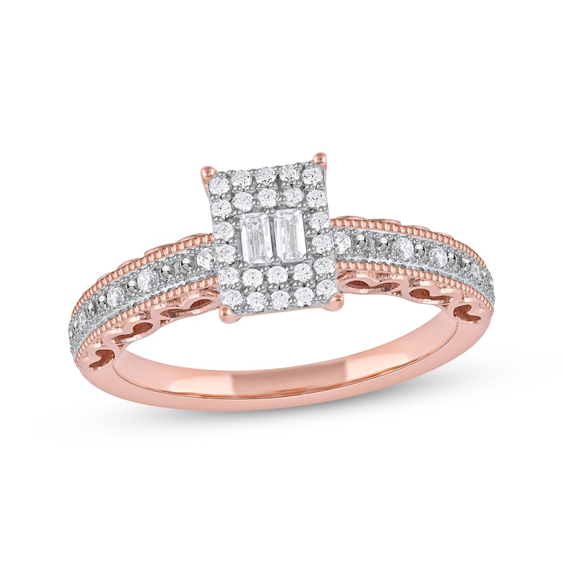 Main Image 1 of Baguette & Round-Cut Multi-Diamond Rectangle Frame Promise Ring 1/4 ct tw 10K Rose Gold