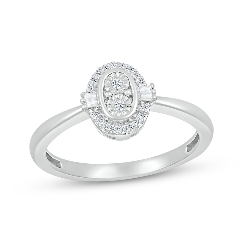 Baguette & Round-Cut Multi-Diamond Center Oval Frame Promise Ring 1/8 ct tw Sterling Silver