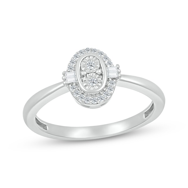 Main Image 1 of Round & Baguette-Cut Multi-Diamond Oval Halo Promise Ring 1/8 ct tw Sterling Silver