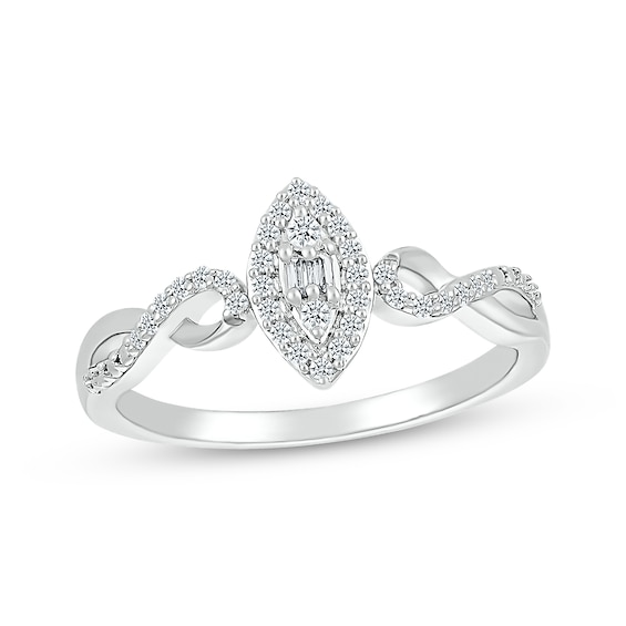 Round & Baguette-Cut Diamond Marquise Promise Ring 1/6 ct tw Sterling Silver