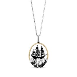 Disney Treasures Pirates of the Caribbean Black Diamond Ship Necklace 1/10 ct tw Sterling Silver & 10K Yellow Gold 19”