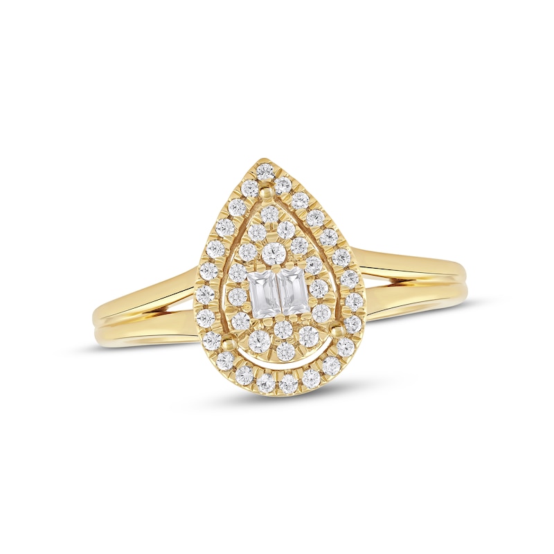 Main Image 1 of Baguette & Round-Cut Multi-Diamond Teardrop Halo Split Shank Promise Ring 1/4 ct tw 10K Yellow Gold