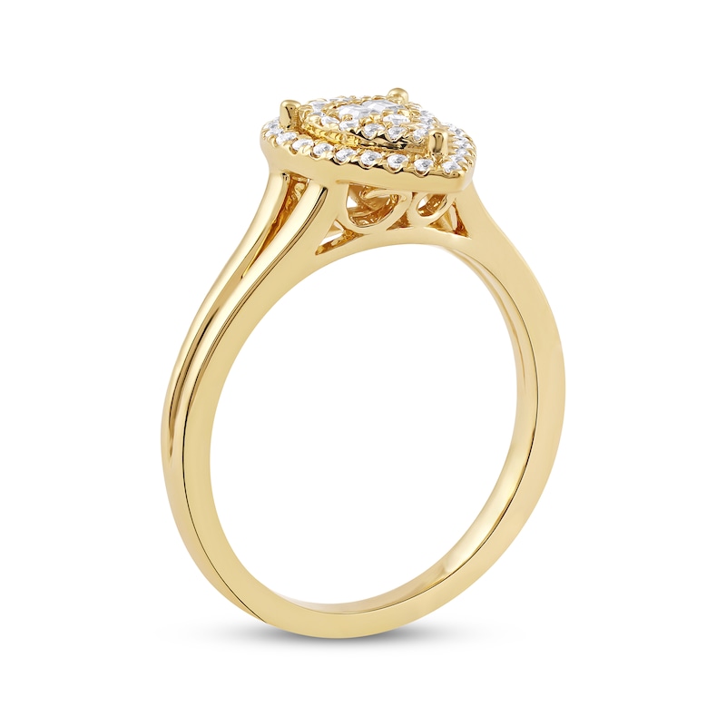 Main Image 2 of Baguette & Round-Cut Multi-Diamond Teardrop Halo Split Shank Promise Ring 1/4 ct tw 10K Yellow Gold