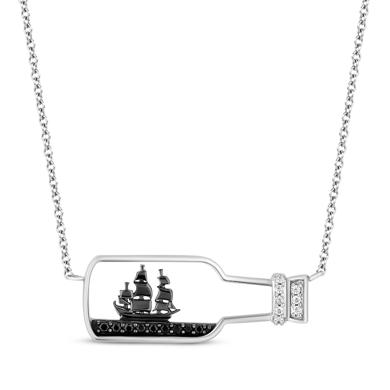 Disney Treasures Pirates of the Caribbean Black & White Diamond Ship in a Bottle Necklace 1/6 ct tw Sterling Silver 18”