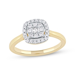 Baguette & Round-Cut Multi-Diamond Cushion Halo Promise Ring 1/4 ct tw 10K Yellow Gold