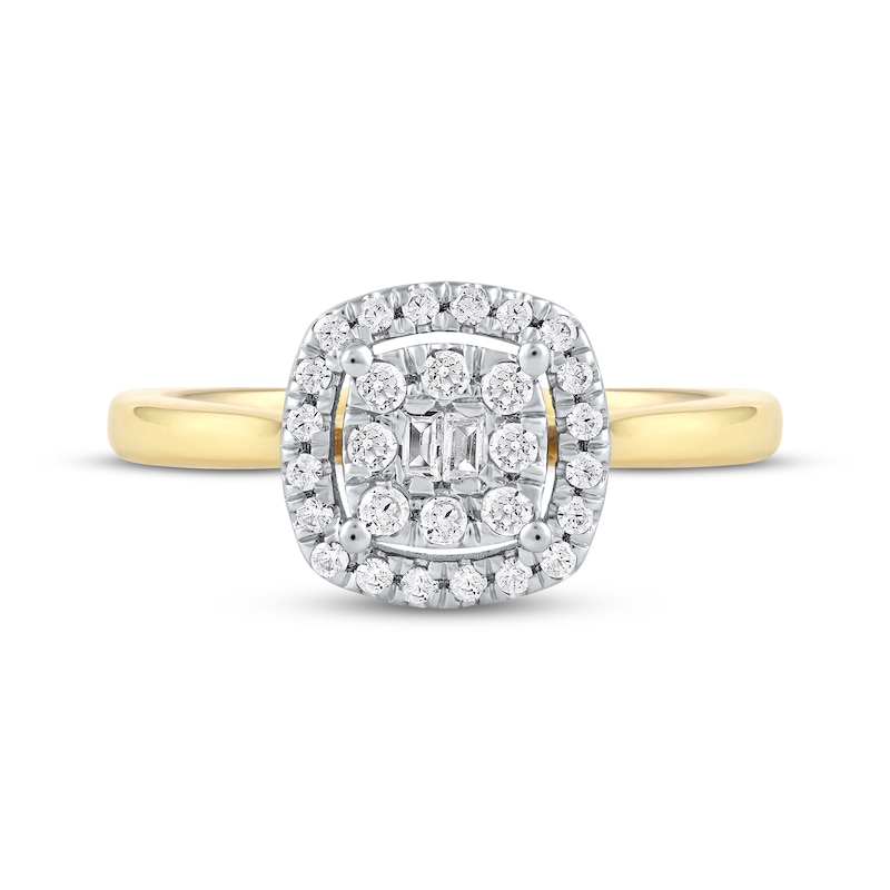 Main Image 3 of Baguette & Round-Cut Multi-Diamond Cushion Halo Promise Ring 1/4 ct tw 10K Yellow Gold