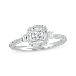 Baguette & Round-Cut Multi- Diamond Cushion Frame Promise Ring 1/4 ct tw 10K White Gold