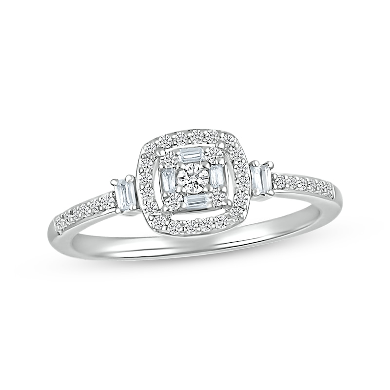 Main Image 1 of Baguette & Round-Cut Multi- Diamond Cushion Frame Promise Ring 1/4 ct tw 10K White Gold