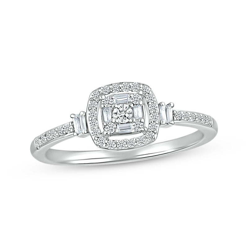 Baguette & Round-Cut Multi-Diamond Center Cushion Frame Promise Ring 1/4 ct tw 10K White Gold