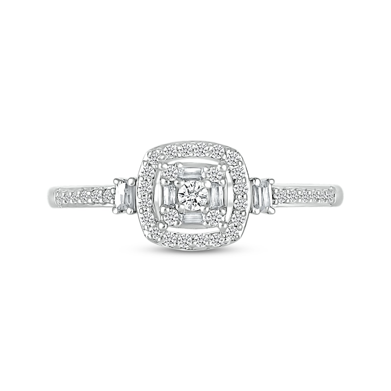 Main Image 3 of Baguette & Round-Cut Multi- Diamond Cushion Frame Promise Ring 1/4 ct tw 10K White Gold