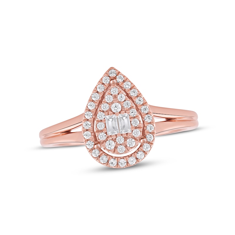 Baguette & Round-Cut Diamond Pear Halo Ring 1/4 ct tw 10K Rose Gold