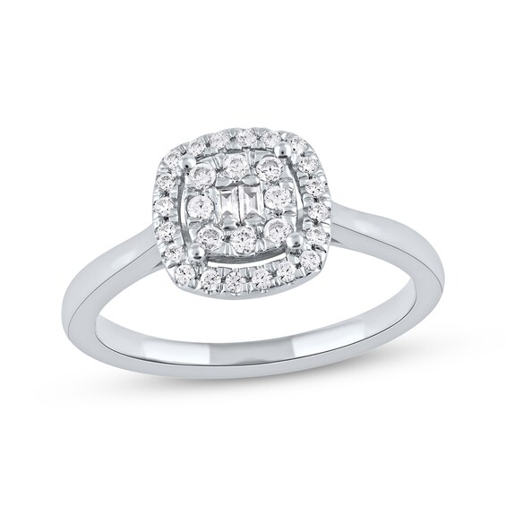 Round & Baguette-Cut Diamond Cushion Halo Promise Ring 1/4 ct tw 10K White Gold