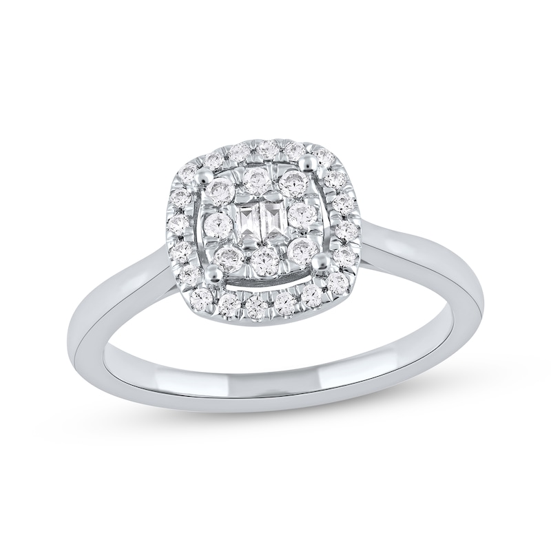 Main Image 1 of Round & Baguette-Cut Diamond Cushion Halo Promise Ring 1/4 ct tw 10K White Gold