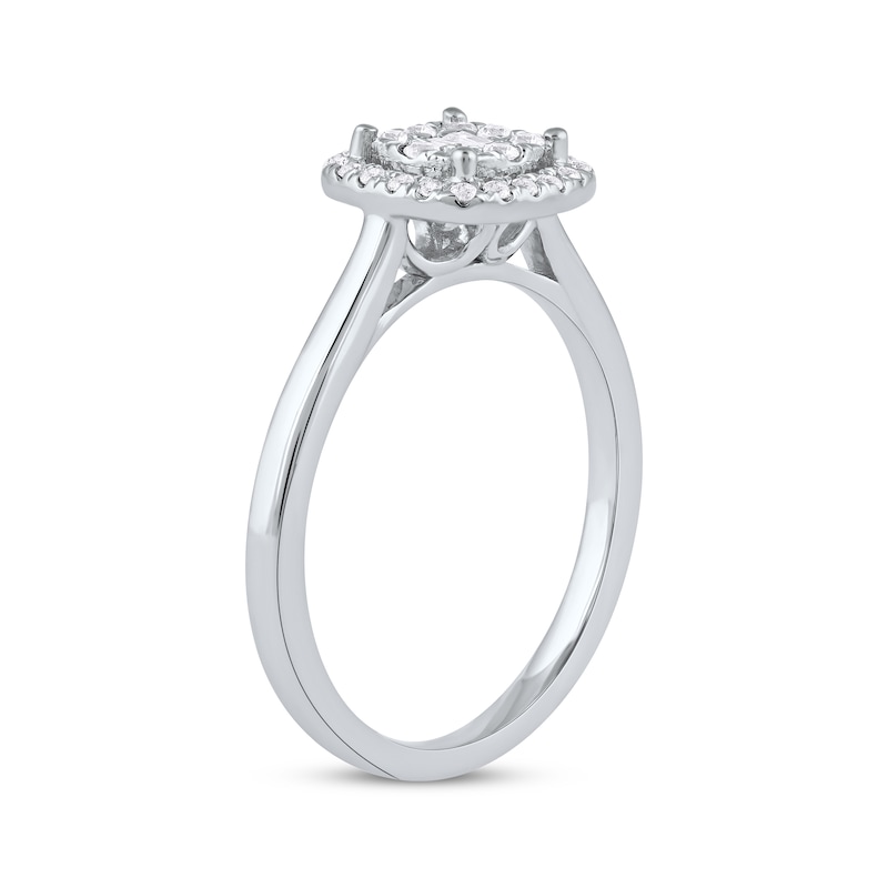 Main Image 2 of Round & Baguette-Cut Diamond Cushion Halo Promise Ring 1/4 ct tw 10K White Gold