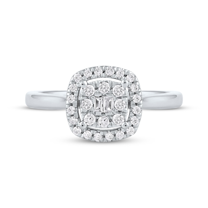 Main Image 3 of Round & Baguette-Cut Diamond Cushion Halo Promise Ring 1/4 ct tw 10K White Gold