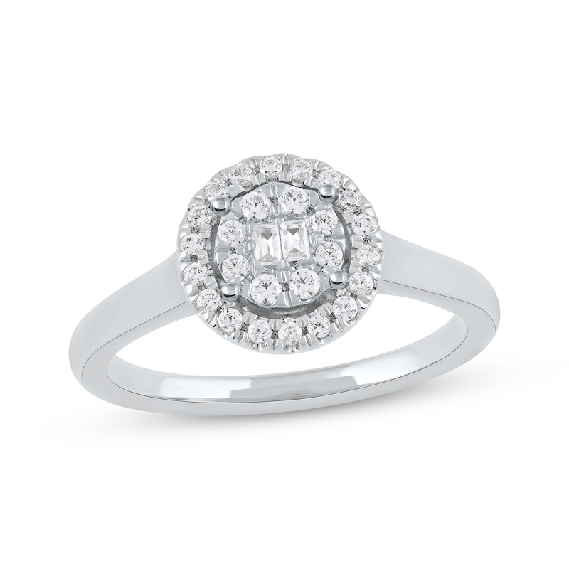 Main Image 1 of Baguette & Round-Cut Multi-Diamond Halo Promise Ring 1/4 ct tw 10K White Gold