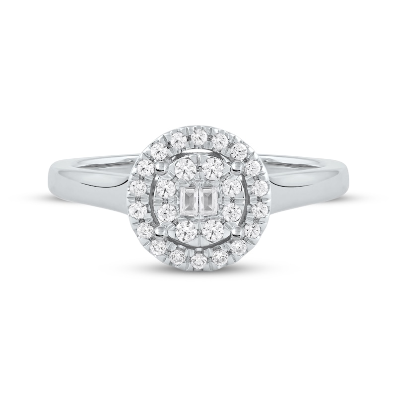 Main Image 3 of Baguette & Round-Cut Multi-Diamond Halo Promise Ring 1/4 ct tw 10K White Gold