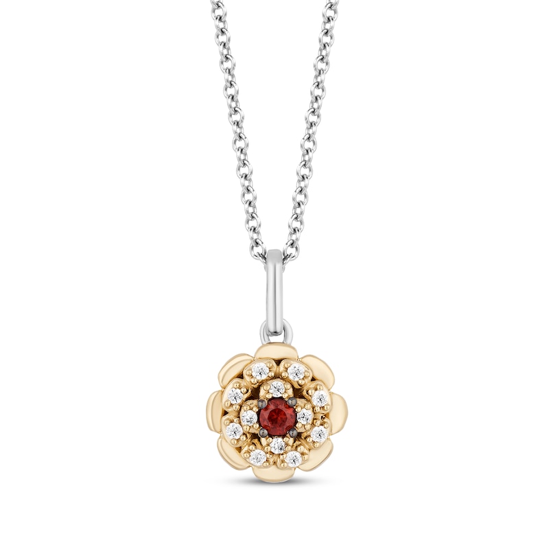 Disney Treasures Coco Round-Cut Garnet & Diamond Flower Necklace 1/10 ct tw Sterling Silver & 10K Yellow Gold 19"
