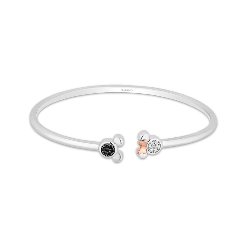 Disney Treasures Mickey & Minnie Mouse Black & White Round-cut Diamond Bangle Cuff Bracelet 1/10 ct tw Sterling Silver & 10K Rose Gold