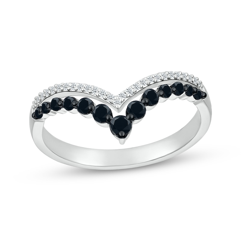 Main Image 1 of Round-Cut Black & White Diamond Double Chevron Ring 1/3 ct tw 10K White Gold