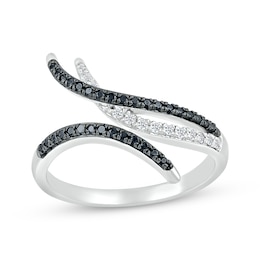 Round-Cut Black & White Diamond Curved Deconstructed Bypass Ring 1/3 ct tw Sterling Silver