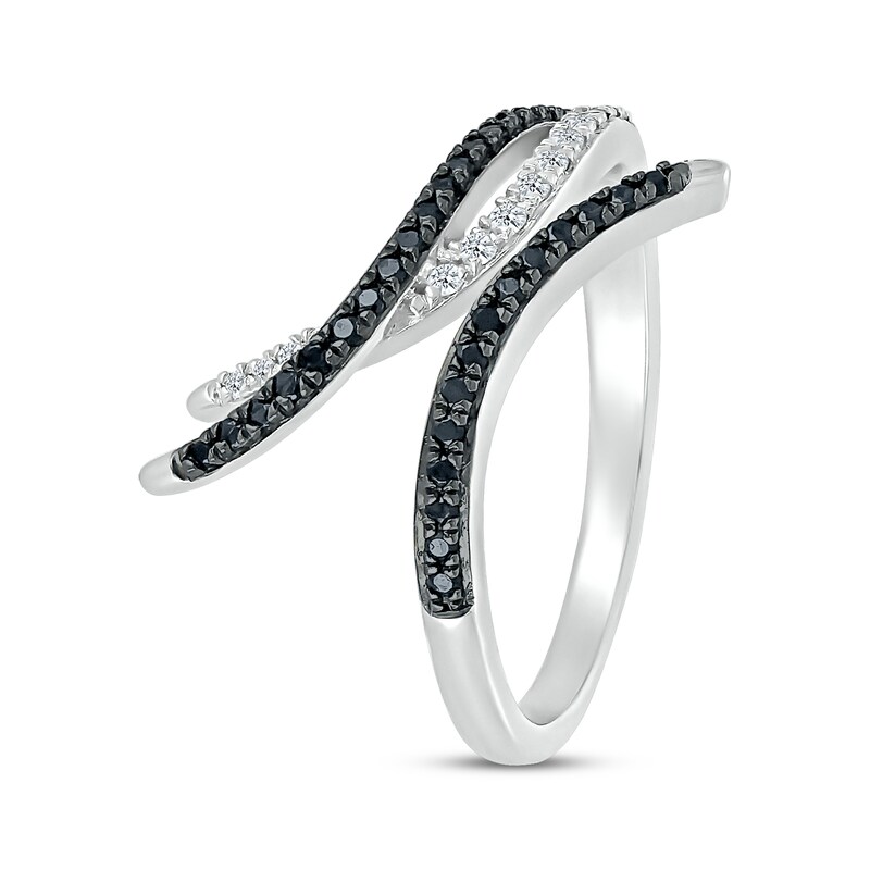 Main Image 2 of Round-Cut Black & White Diamond Curved Deconstructed Bypass Ring 1/3 ct tw Sterling Silver