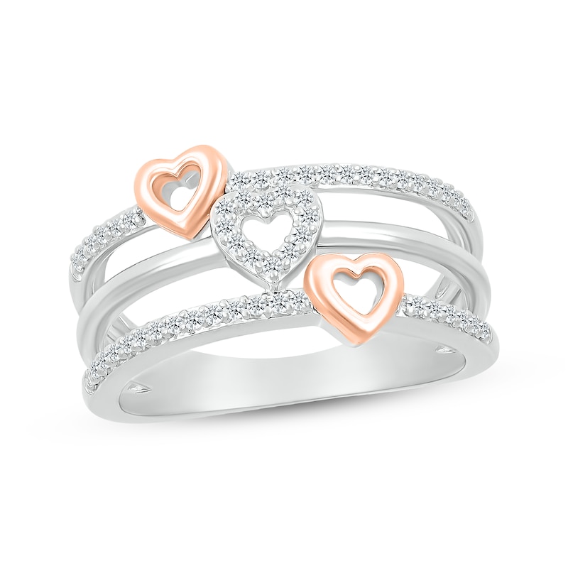 Main Image 1 of Round-Cut Diamond Stacked Look Heart Ring 1/5 ct tw Sterling Silver & 10K Rose Gold