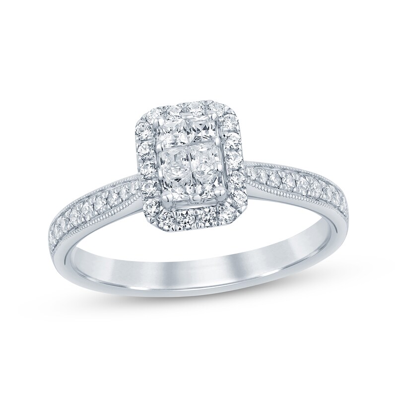 Main Image 1 of Now + Forever Vintage-Style Princess & Round-Cut Multi-Diamond Center Engagement Ring 1/2 ct tw 14K White Gold